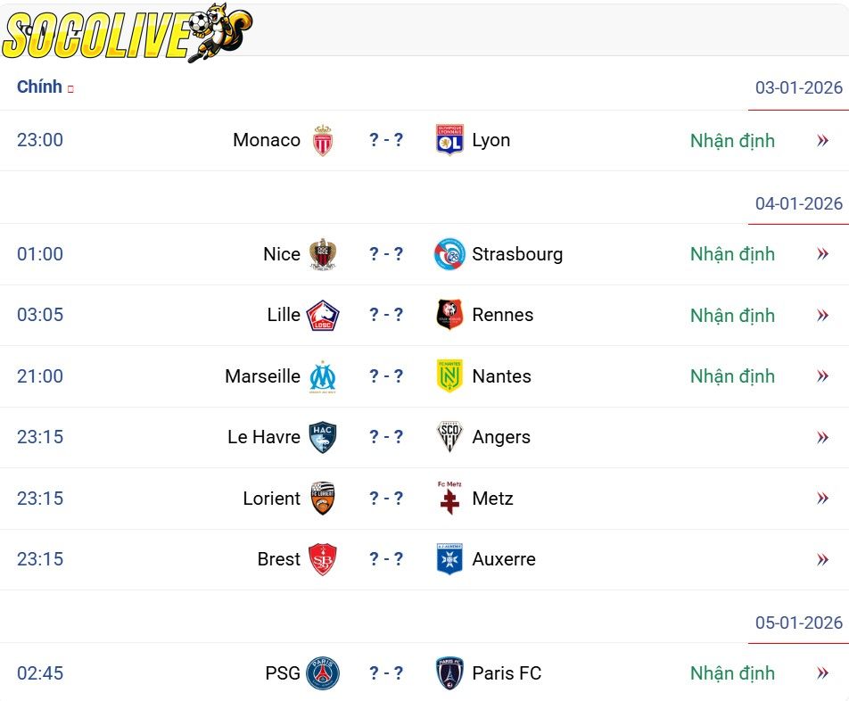 Lịch thi đấu cụ thể Tháng 1/2026